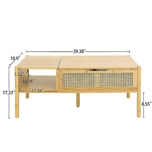 Aperturee Natural Bamboo and Rattan Wood Lift Top Coffee Table with Hidden Compartment and Adjustable Storage Shelf Lift Tabletop Dining Table for Home Living Room Office (Natural)