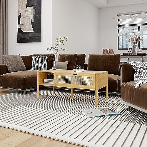 Aperturee Natural Bamboo and Rattan Wood Lift Top Coffee Table with Hidden Compartment and Adjustable Storage Shelf Lift Tabletop Dining Table for Home Living Room Office (Natural)