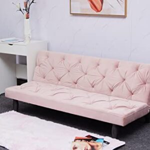 Livavege Convertible Futon Sofa Bed, 66" Velvet Upholstered Sleeper Couch Daybed with Adjustable Backrest for Studio, Apartment, Office, Small Space, Compact Living Room, 66 INCH, Pink