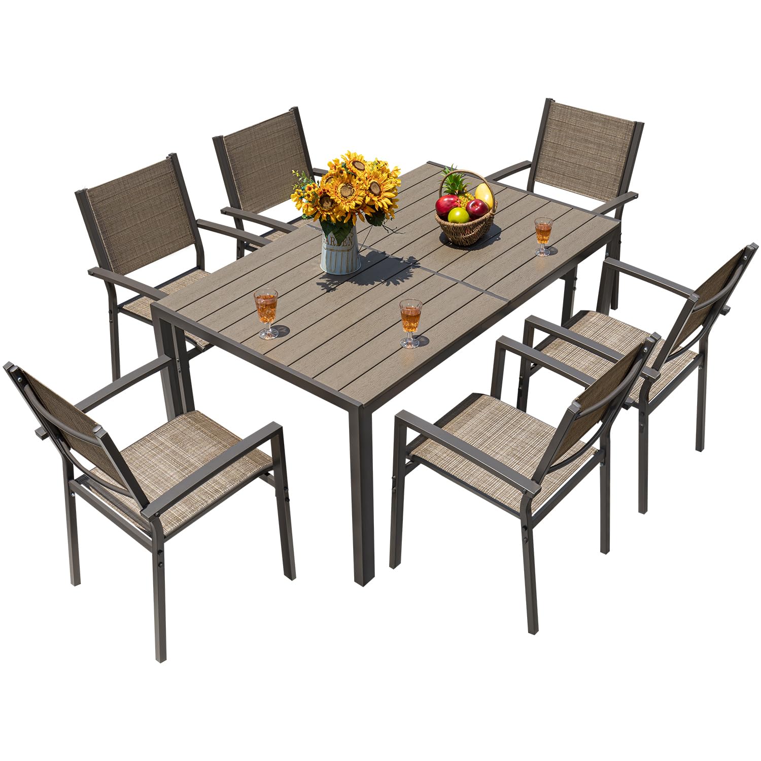 Greesum Outdoor Dining Set 7 Piece Patio Furniture with Rectangular Table and 6 Stackable Chairs Family Conversation for Garden Backyard Deck, Brown