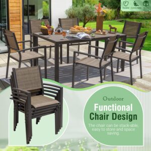 Greesum Outdoor Dining Set 7 Piece Patio Furniture with Rectangular Table and 6 Stackable Chairs Family Conversation for Garden Backyard Deck, Brown