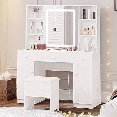 IRONCK Vanity Desk with LED Sliding Mirror & Power Outlet, Large Bedroom Makeup Table with Drawers & Cabinet & Storage Shelves & Stool, White