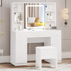ironck vanity desk with led sliding mirror & power outlet, large bedroom makeup table with drawers & cabinet & storage shelves & stool, white