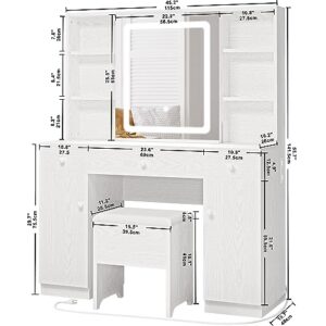 IRONCK Vanity Desk with LED Sliding Mirror & Power Outlet, Large Bedroom Makeup Table with Drawers & Cabinet & Storage Shelves & Stool, White