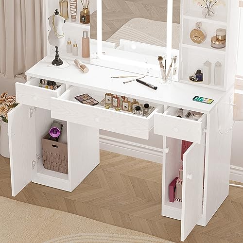 IRONCK Vanity Desk with LED Sliding Mirror & Power Outlet, Large Bedroom Makeup Table with Drawers & Cabinet & Storage Shelves & Stool, White