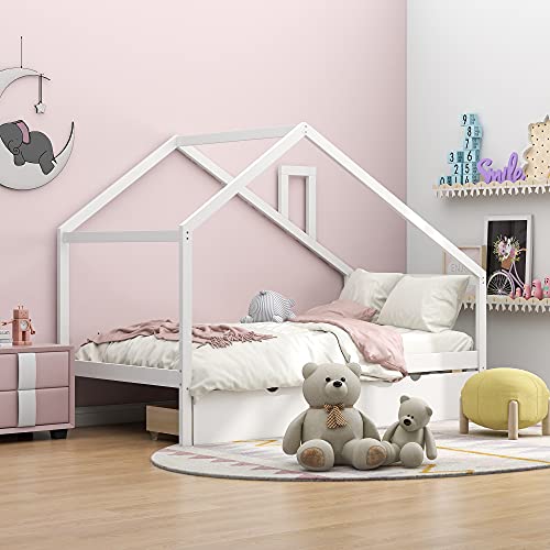 YuiHome Wooden Daybed for Kids Teen, Twin Size House-Shaped Daybed with Two Pull-Out Drawers and Roof, Can be Decorated,White