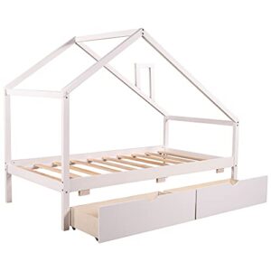 YuiHome Wooden Daybed for Kids Teen, Twin Size House-Shaped Daybed with Two Pull-Out Drawers and Roof, Can be Decorated,White