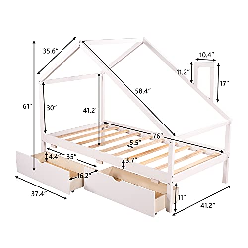 YuiHome Wooden Daybed for Kids Teen, Twin Size House-Shaped Daybed with Two Pull-Out Drawers and Roof, Can be Decorated,White