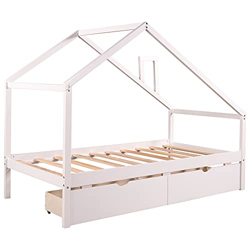 YuiHome Wooden Daybed for Kids Teen, Twin Size House-Shaped Daybed with Two Pull-Out Drawers and Roof, Can be Decorated,White
