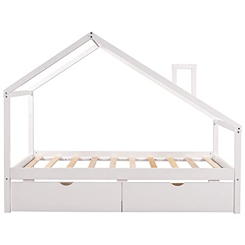 YuiHome Wooden Daybed for Kids Teen, Twin Size House-Shaped Daybed with Two Pull-Out Drawers and Roof, Can be Decorated,White