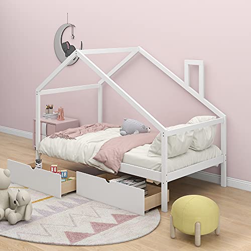 YuiHome Wooden Daybed for Kids Teen, Twin Size House-Shaped Daybed with Two Pull-Out Drawers and Roof, Can be Decorated,White