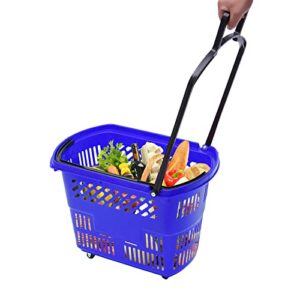 bacacoo plastic shopping carts, 6 trolley rolling shopping baskets, 35l shopping trolley with handles, portable shopping basket set in supermarkets and retail stores (blue)
