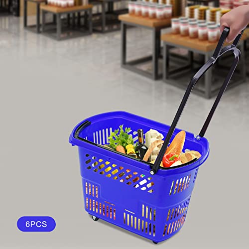 Bacacoo Plastic Shopping Carts, 6 Trolley Rolling Shopping Baskets, 35l Shopping Trolley With Handles, Portable Shopping Basket Set In Supermarkets And Retail Stores (Blue)