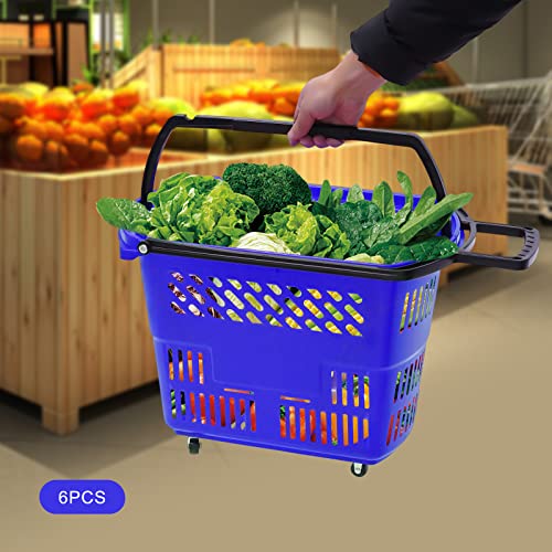 Bacacoo Plastic Shopping Carts, 6 Trolley Rolling Shopping Baskets, 35l Shopping Trolley With Handles, Portable Shopping Basket Set In Supermarkets And Retail Stores (Blue)