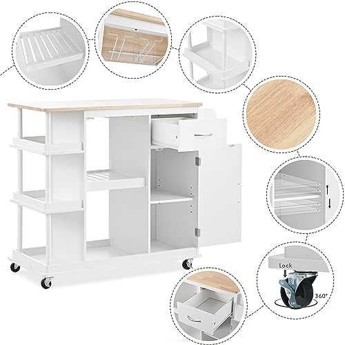 MERITLINE Multipurpose Kitchen Island with Storage and Wheels, Rolling Kitchen Cart Cabinet with Shelves Drawer and Large Solid Wood Desk Top