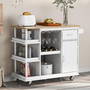 meritline multipurpose kitchen island with storage and wheels, rolling kitchen cart cabinet with shelves drawer and large solid wood desk top