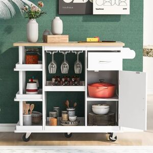 MERITLINE Multipurpose Kitchen Island with Storage and Wheels, Rolling Kitchen Cart Cabinet with Shelves Drawer and Large Solid Wood Desk Top