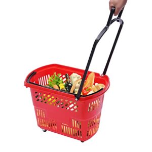 bacacoo plastic shopping carts, 6 trolley rolling shopping baskets, 35l shopping trolley with handles, portable shopping basket set in supermarkets and retail stores (red)