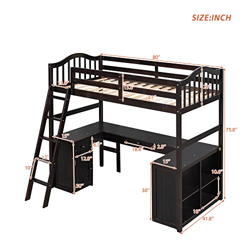 Lepfun Twin Size Wooden Loft Bed with Desk/2 Drawers/Cabinet/4 Shelves, Multi-Functional Loft Bed with Ladder and Guardrails, No Box Spring Required, Wood Bed Frame for Bedroom,Apartment, Espresso