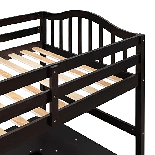 Lepfun Twin Size Wooden Loft Bed with Desk/2 Drawers/Cabinet/4 Shelves, Multi-Functional Loft Bed with Ladder and Guardrails, No Box Spring Required, Wood Bed Frame for Bedroom,Apartment, Espresso