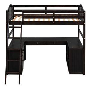 Lepfun Twin Size Wooden Loft Bed with Desk/2 Drawers/Cabinet/4 Shelves, Multi-Functional Loft Bed with Ladder and Guardrails, No Box Spring Required, Wood Bed Frame for Bedroom,Apartment, Espresso