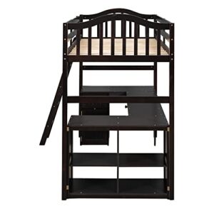 Lepfun Twin Size Wooden Loft Bed with Desk/2 Drawers/Cabinet/4 Shelves, Multi-Functional Loft Bed with Ladder and Guardrails, No Box Spring Required, Wood Bed Frame for Bedroom,Apartment, Espresso