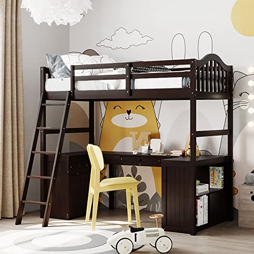 Lepfun Twin Size Wooden Loft Bed with Desk/2 Drawers/Cabinet/4 Shelves, Multi-Functional Loft Bed with Ladder and Guardrails, No Box Spring Required, Wood Bed Frame for Bedroom,Apartment, Espresso