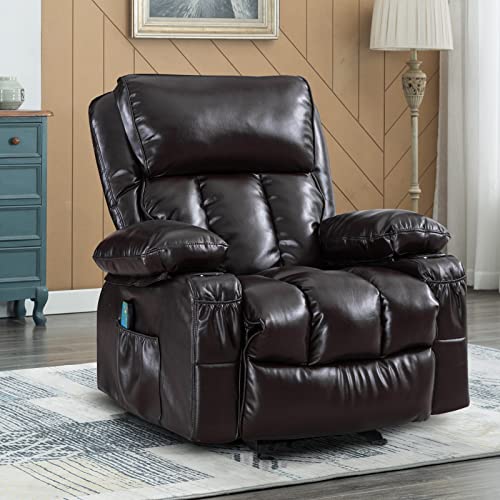 Gericco Electric Recliner Chair with Massage and Heating Functions, Ergonomic Fluffy Wide Recliner, PU Leather, USB Port, Manual Remote Control, for Home Theater (Brown)