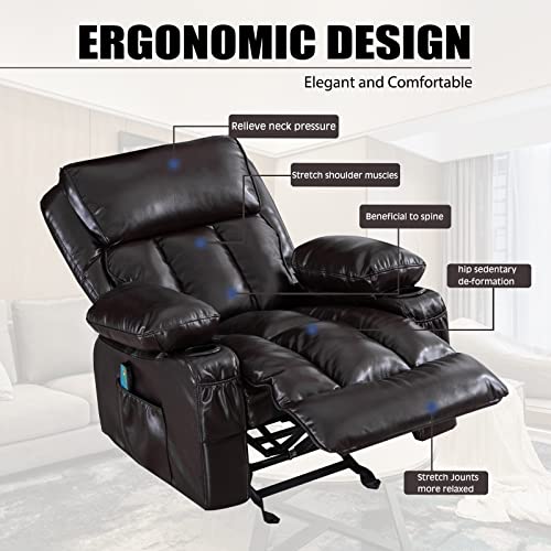 Gericco Electric Recliner Chair with Massage and Heating Functions, Ergonomic Fluffy Wide Recliner, PU Leather, USB Port, Manual Remote Control, for Home Theater (Brown)