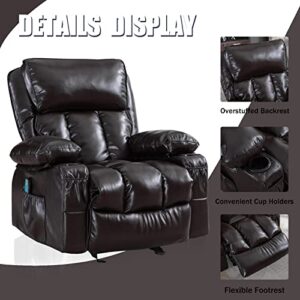 Gericco Electric Recliner Chair with Massage and Heating Functions, Ergonomic Fluffy Wide Recliner, PU Leather, USB Port, Manual Remote Control, for Home Theater (Brown)