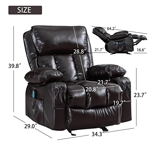 Gericco Electric Recliner Chair with Massage and Heating Functions, Ergonomic Fluffy Wide Recliner, PU Leather, USB Port, Manual Remote Control, for Home Theater (Brown)