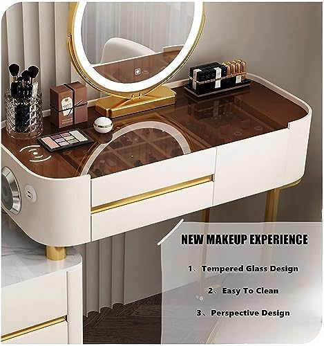 ZGNBSD Vanity Set - Makeup Vanity Table with Charging Station & Bluetooth Speaker, 9 Drawers Smart Vanity, Contains Acrylic Makeup Chair and Smart Makeup Mirror, Suitable for Her