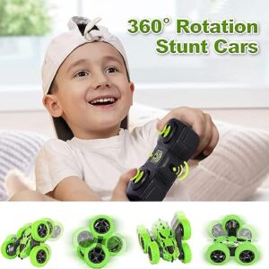 Remote Control Car, RC Cars Stunt Car Toy, 4WD 2.4Ghz Double Sided 360° Rotating RC Car with Headlights, Kids Xmas Toy Cars for Boys/Girls (Green) (Green)
