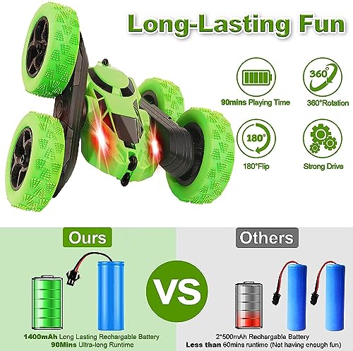 Remote Control Car, RC Cars Stunt Car Toy, 4WD 2.4Ghz Double Sided 360° Rotating RC Car with Headlights, Kids Xmas Toy Cars for Boys/Girls (Green) (Green)