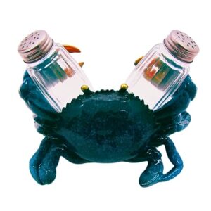 Blue Crab Salt and Pepper Set Holder, Nautical Décor, Shakers Included, 6.5 Inches