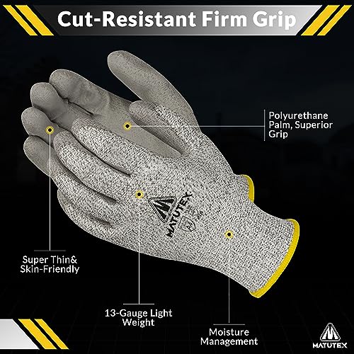 Matutex 12 Pairs Cut Resistant Work Gloves Firm Grip A4 Polyurethane Coated | Safety Gloves Cut Proof | Construction, Kitchen (L)