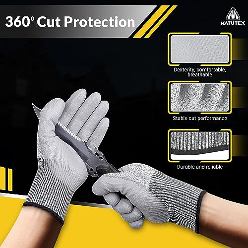 Matutex 12 Pairs Cut Resistant Work Gloves Firm Grip A4 Polyurethane Coated | Safety Gloves Cut Proof | Construction, Kitchen (L)