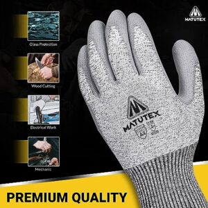 Matutex 12 Pairs Cut Resistant Work Gloves Firm Grip A4 Polyurethane Coated | Safety Gloves Cut Proof | Construction, Kitchen (L)