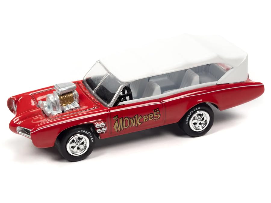 Monkeemobile Red with White Top and Interior The Monkees with Collectible Tin Display Silver Screen Machines Series 1/64 Diecast Model Car by Johnny Lightning JLDR018-JLSP333