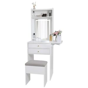 artethys small vanity desk set with 3 adjustable lighted mirror and storage chair, makeup vanity table for small space, white dressing table with fold-up panel for bedroom
