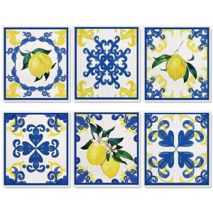 anydesign 6 pack lemon swedish dishcloth blue white tiles lemon kitchen dish towel reusable washable cotton kitchen towel for counter cleaning baking cooking, 7 x 8 inch
