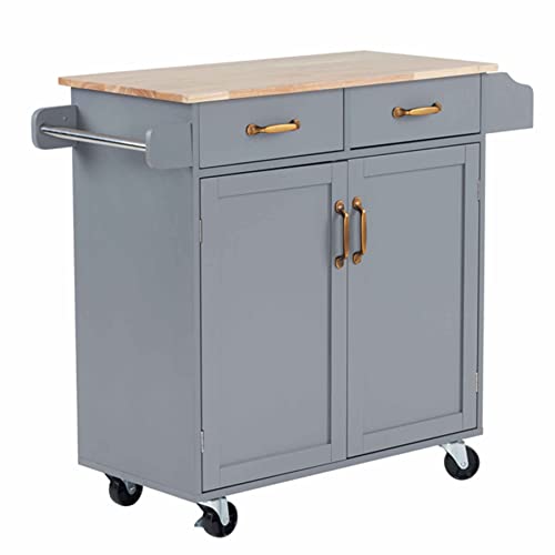 99.5 * 40 * 85.5cm Two Doors One Drawer MDF Rubber Wood Gray Spray Paint Dining Car,Rolling Kitchen Island Cart with Drawers, Kitchen Storage Cabinet on Wheels with Shelves