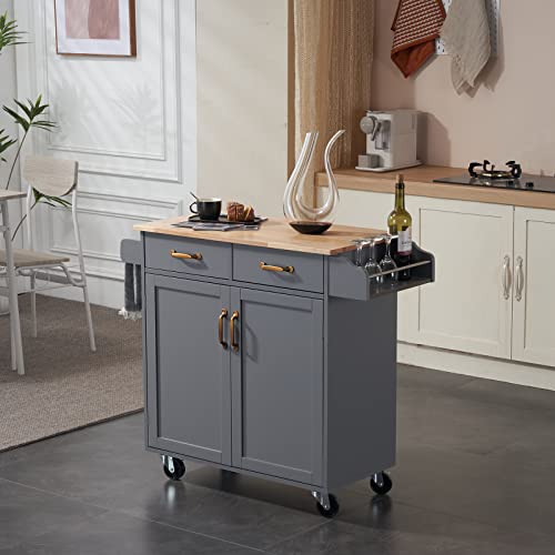 99.5 * 40 * 85.5cm Two Doors One Drawer MDF Rubber Wood Gray Spray Paint Dining Car,Rolling Kitchen Island Cart with Drawers, Kitchen Storage Cabinet on Wheels with Shelves