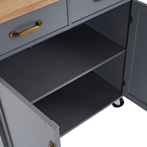 99.5 * 40 * 85.5cm Two Doors One Drawer MDF Rubber Wood Gray Spray Paint Dining Car,Rolling Kitchen Island Cart with Drawers, Kitchen Storage Cabinet on Wheels with Shelves