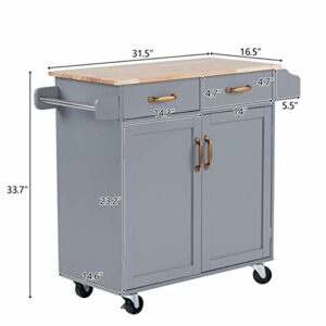 99.5 * 40 * 85.5cm Two Doors One Drawer MDF Rubber Wood Gray Spray Paint Dining Car,Rolling Kitchen Island Cart with Drawers, Kitchen Storage Cabinet on Wheels with Shelves