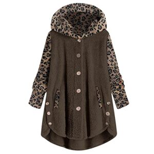 yraetenm womens winter coats long sleeve button down overcoats plush warm soft hooded outwear leopard print fall jackets