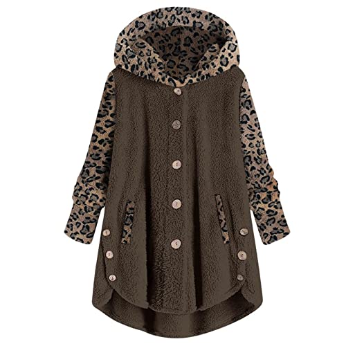 YRAETENM Womens Winter Coats Long Sleeve Button Down Overcoats Plush Warm Soft Hooded Outwear Leopard Print Fall Jackets