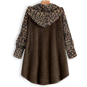 YRAETENM Womens Winter Coats Long Sleeve Button Down Overcoats Plush Warm Soft Hooded Outwear Leopard Print Fall Jackets