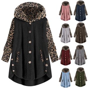 YRAETENM Womens Winter Coats Long Sleeve Button Down Overcoats Plush Warm Soft Hooded Outwear Leopard Print Fall Jackets