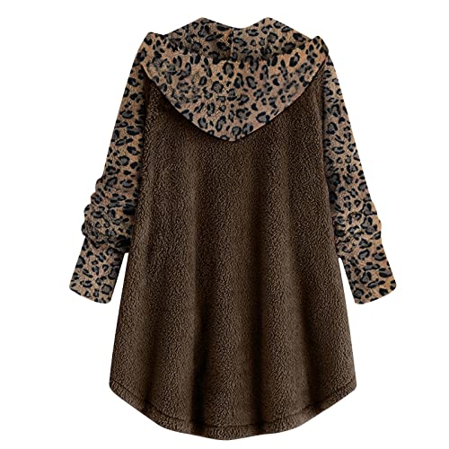 YRAETENM Womens Winter Coats Long Sleeve Button Down Overcoats Plush Warm Soft Hooded Outwear Leopard Print Fall Jackets